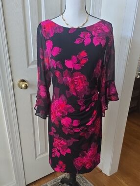 JH BRAND GORGEOUS WOMEN'S PLUS SIZE BLACK & PINK FLORAL DRESS PLUS SIZE 14